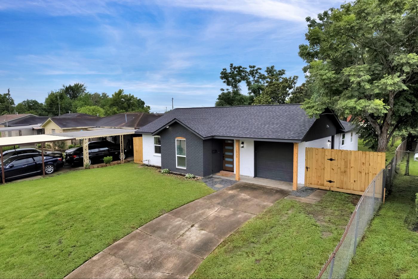 Drone view of a Houston-area home and its lot